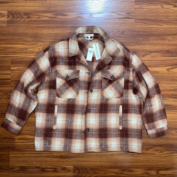 NWT Workshop Republic Oversized Plaid Shacket in Brown, Tan & Blush - Picture 1 of 7